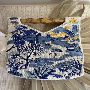 Viral Tropical Beaded and Embroidered Bag w/ Bamboo Handle, NWT, Made In India